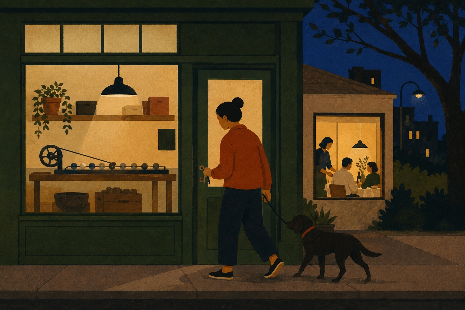 A workshop storefront at dusk, its machine lit in the window
